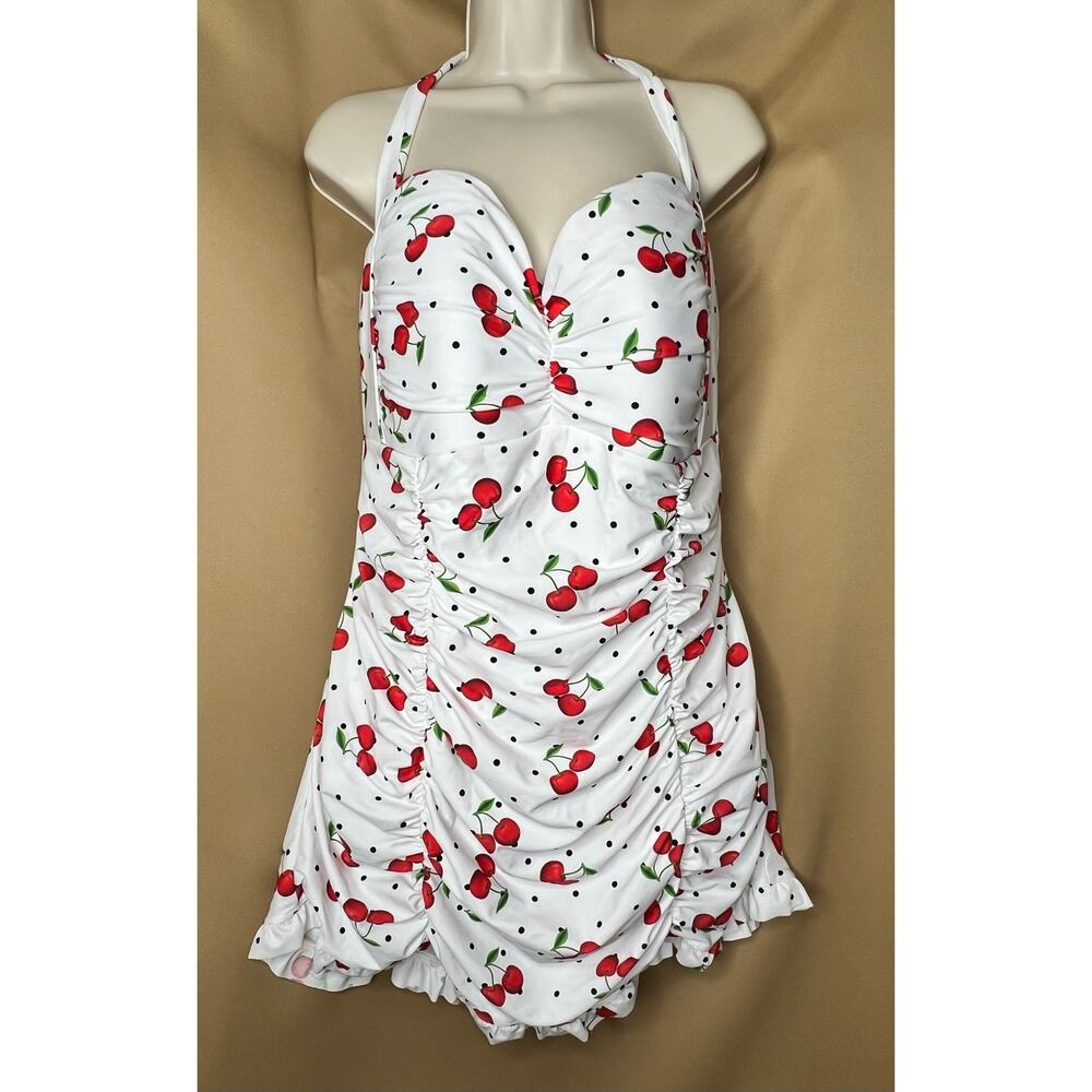 Unique Vintage White Cherry Print One-Piece Swimdress - Picture 6 of 7